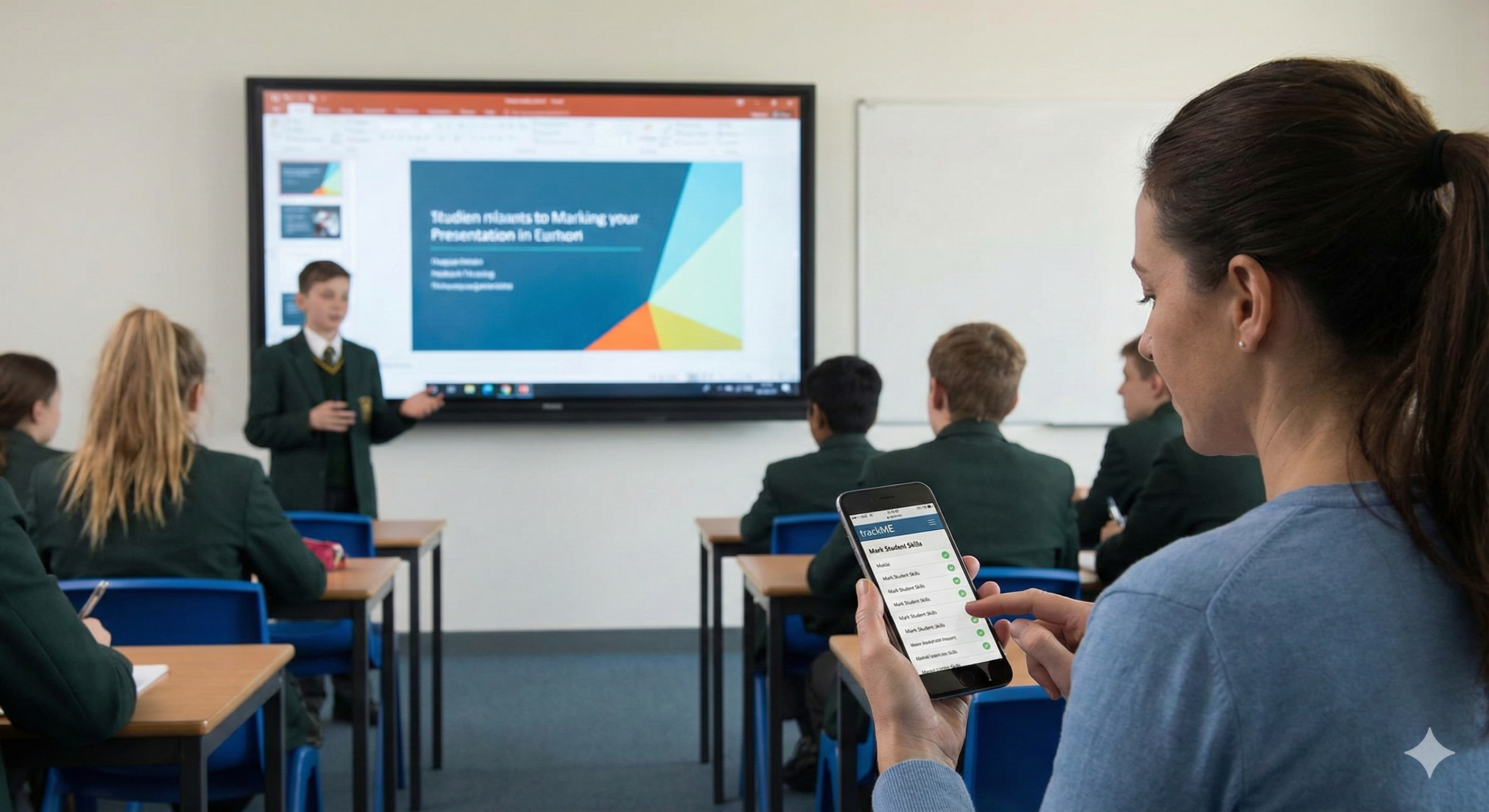 Teacher marking a student's presentation in real-time on their smartphone using trackME
